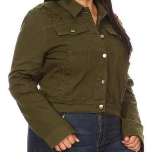 Women's Khaki Green Short Button Up Ladies' Stretch Denim Jacket